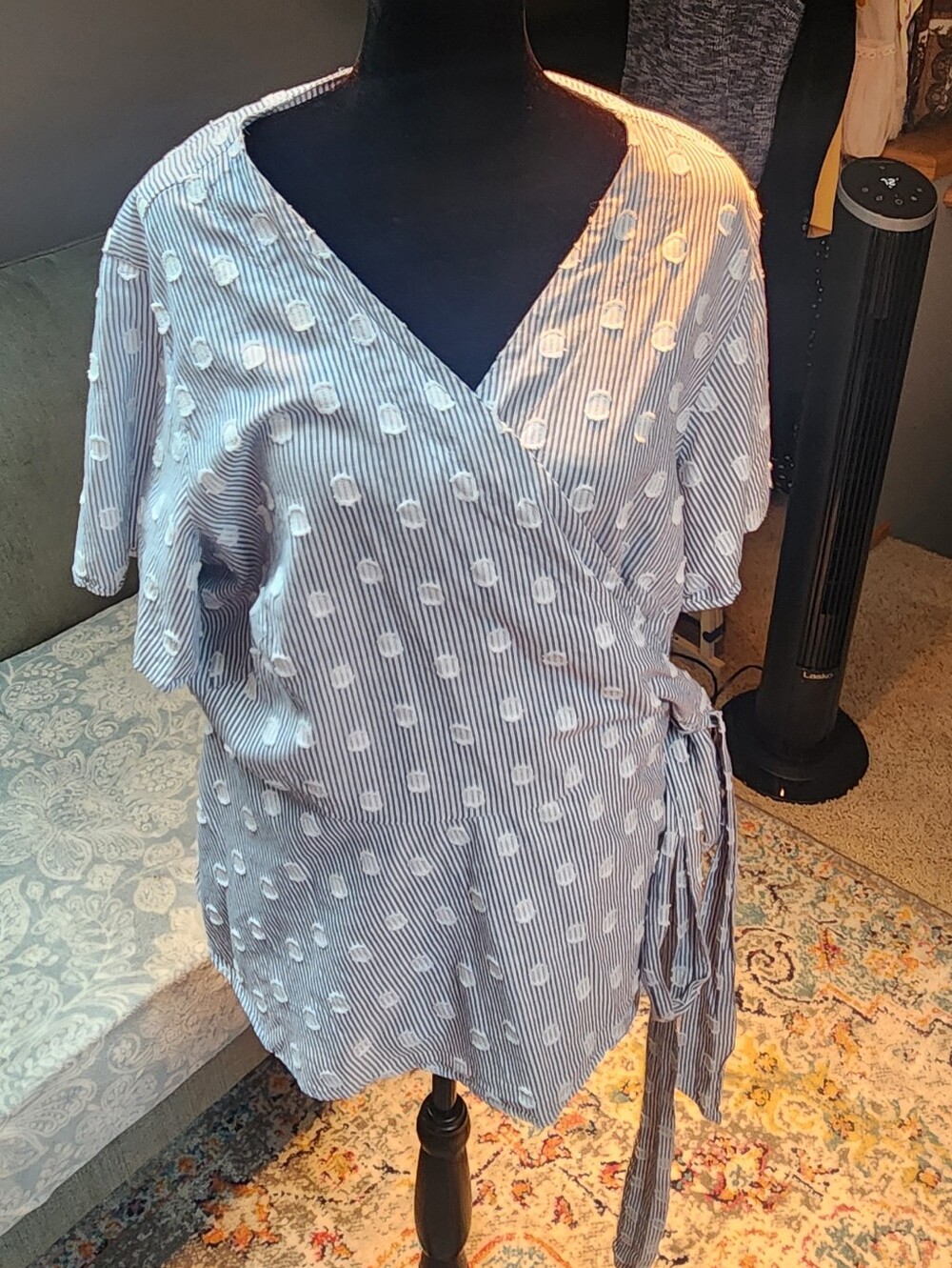 LOFT Light Blue Striped Wrap Blouse with Dot Embroidery Size 18 Plus Cotton